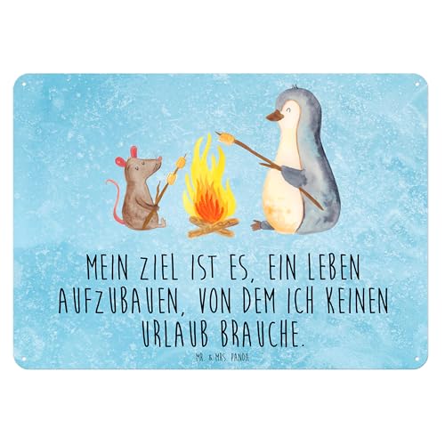 Mr. & Mrs. Panda DIN A6 Blechschild Pinguin Lagerfeuer - Geschenk, Deko Schild, grillen, Metallschild, Maus, Büro, Pinguine, Leben, Geschenk Schild, von Mr. & Mrs. Panda