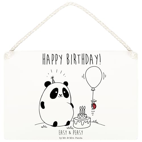 Mr. & Mrs. Panda DIN A6 Deko Schild Easy & Peasy Happy Birthday - Geschenk, Türschild, Holzschild, Wanddeko, Wandschild, Tür Schild von Mr. & Mrs. Panda