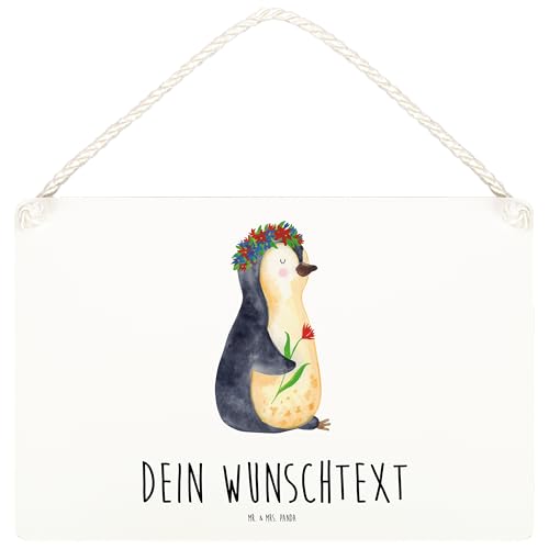 Mr. & Mrs. Panda DIN A6 Personalisiertes Deko Schild Pinguin Blumenkranz - Personalisierte Geschenke, Wanddeko, Dekoschild, Lebenslust, Motivation, von Mr. & Mrs. Panda