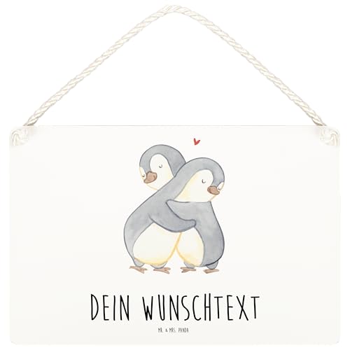 Mr. & Mrs. Panda DIN A6 Personalisiertes Deko Schild Pinguine Kuscheln - Personalisierte Geschenke, Tür Schild, Dekoschild, Geschenk für Frauen, von Mr. & Mrs. Panda