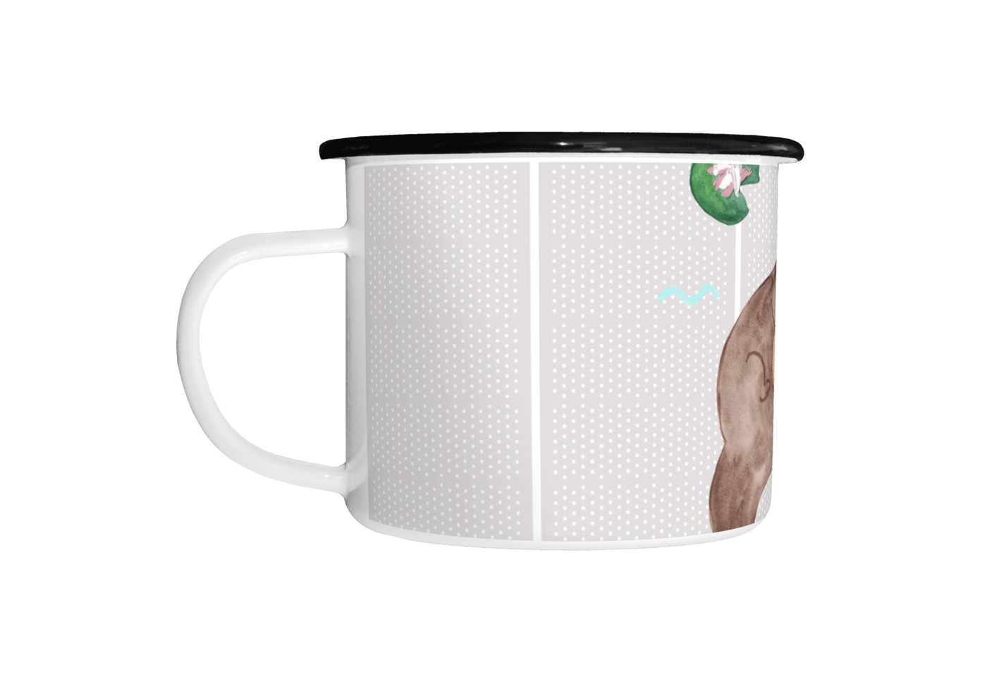 Mr. & Mrs. Panda Dekobecher Otter Seerose - Grau Pastell - Geschenk, Otter Seeotter See Otter, Em (Packung, 1 St., XL Emaille Tasse Otter mit Seerose), Anspruchsvolles Design von Mr. & Mrs. Panda