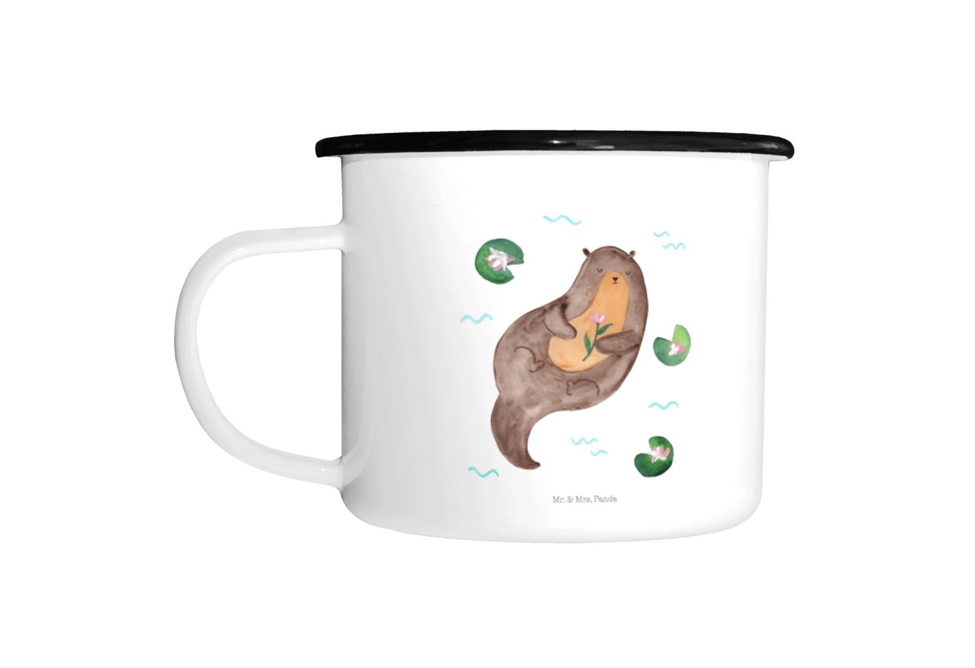 Mr. & Mrs. Panda Dekobecher Otter Seerose - Weiß - Geschenk, Otter Seeotter See Otter, Fluss, Was (Packung, 1 St., XL Emaille Tasse Otter mit Seerose), Einzigartiger Style von Mr. & Mrs. Panda