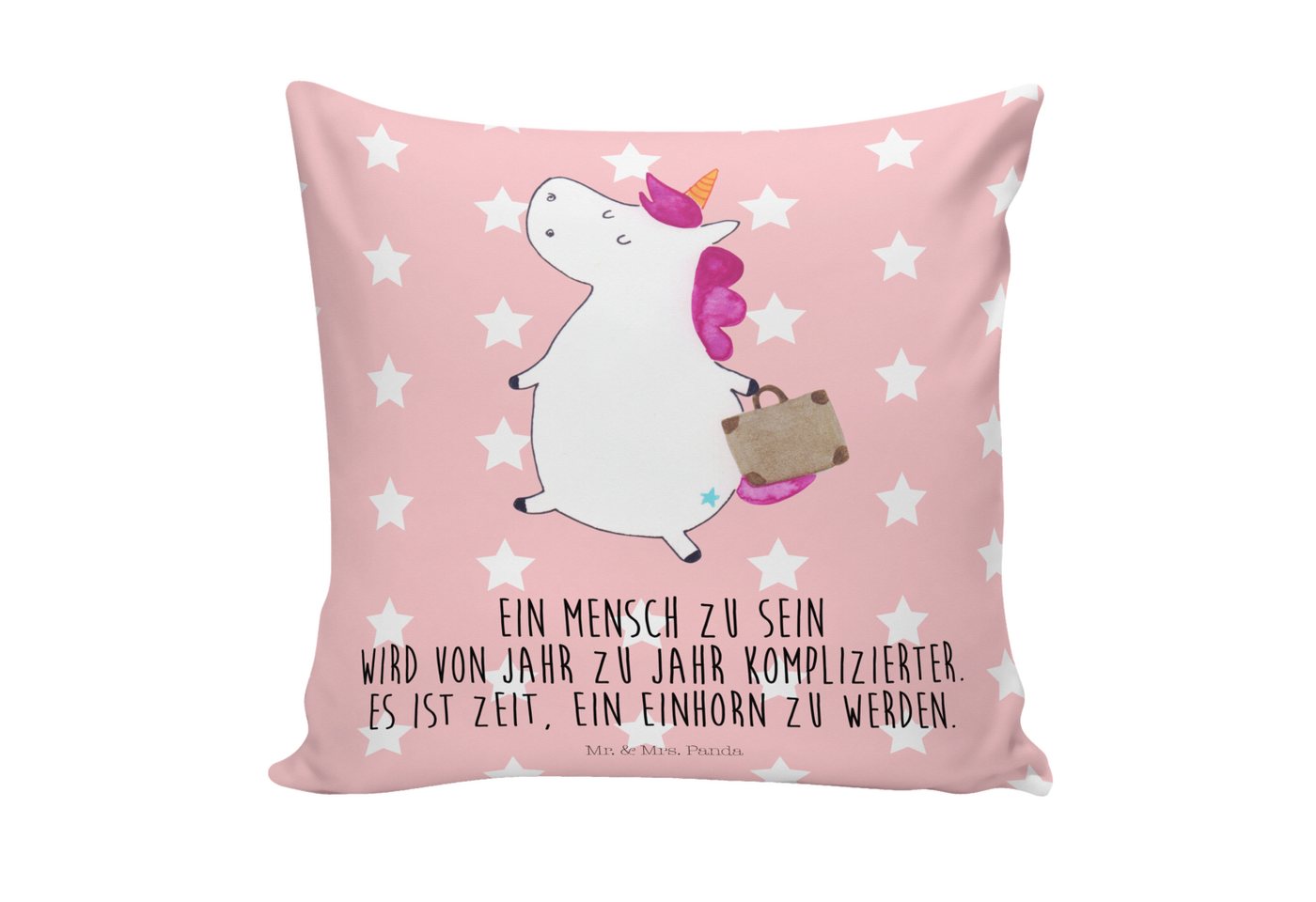 Mr. & Mrs. Panda Dekokissen Einhorn Koffer - Rot Pastell - Geschenk, Unicorn, Gepäck, Erwachsen von Mr. & Mrs. Panda