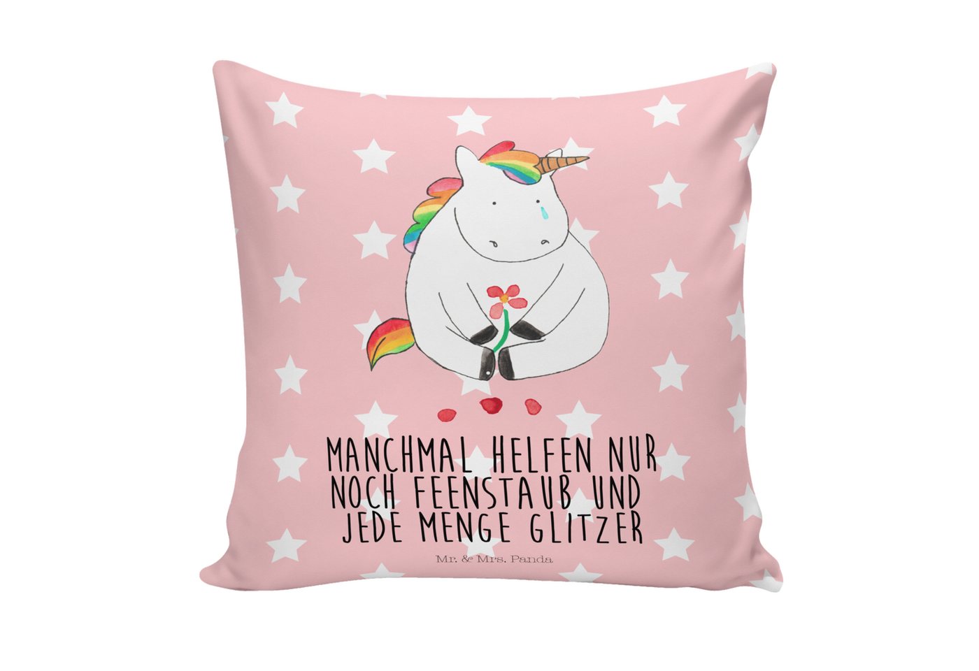 Mr. & Mrs. Panda Dekokissen Einhorn Traurig - Rot Pastell - Geschenk, Trauer, Dekokissen, Motivki von Mr. & Mrs. Panda