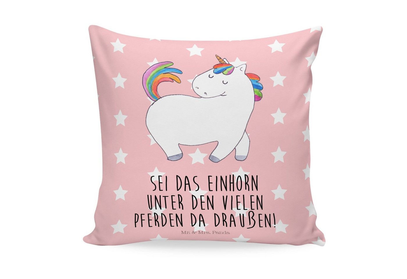 Mr. & Mrs. Panda Dekokissen Einhorn stolzierend - Rot Pastell - Geschenk, anders, Unicorn, Kissen von Mr. & Mrs. Panda