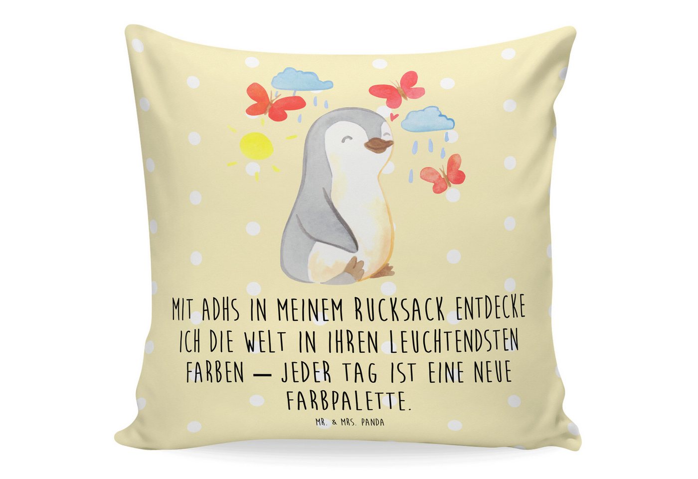 Mr. & Mrs. Panda Dekokissen Pinguin ADHS - Gelb Pastell - Geschenk, Kopfkissen, Kissenhülle, Verh, Weiche Mikrofaser von Mr. & Mrs. Panda