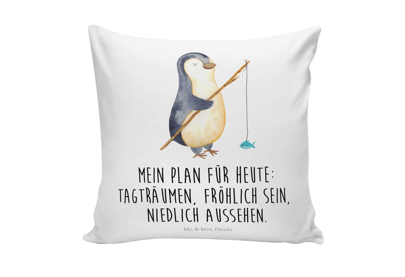 Mr. & Mrs. Panda Dekokissen Pinguin Angler - Weiß - Geschenk, Kopfkissen, Sofakissen, Angel, Deko von Mr. & Mrs. Panda