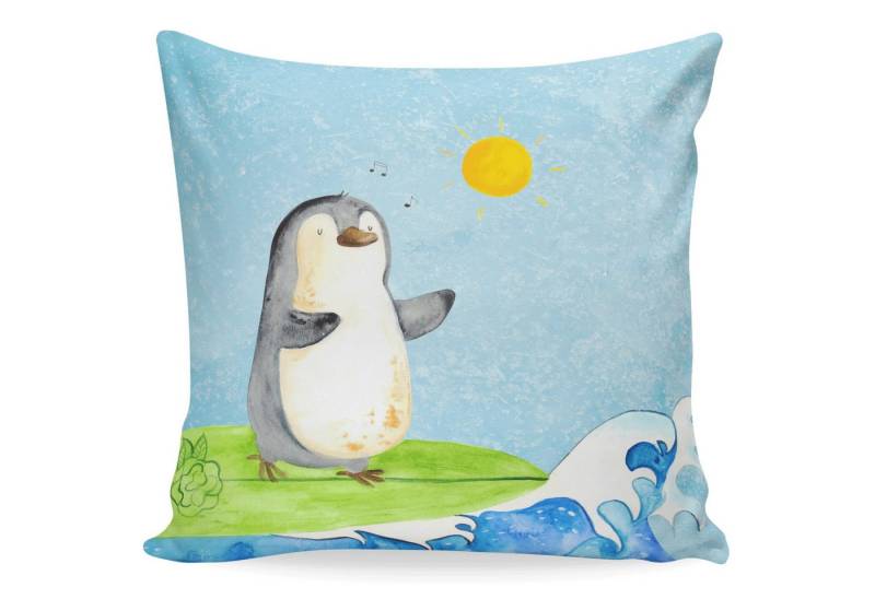 Mr. & Mrs. Panda Dekokissen Pinguin Surfer - Eisblau - Geschenk, sofakissen, Urlaub, Kopfkissen, Einzigartiger Druck von Mr. & Mrs. Panda