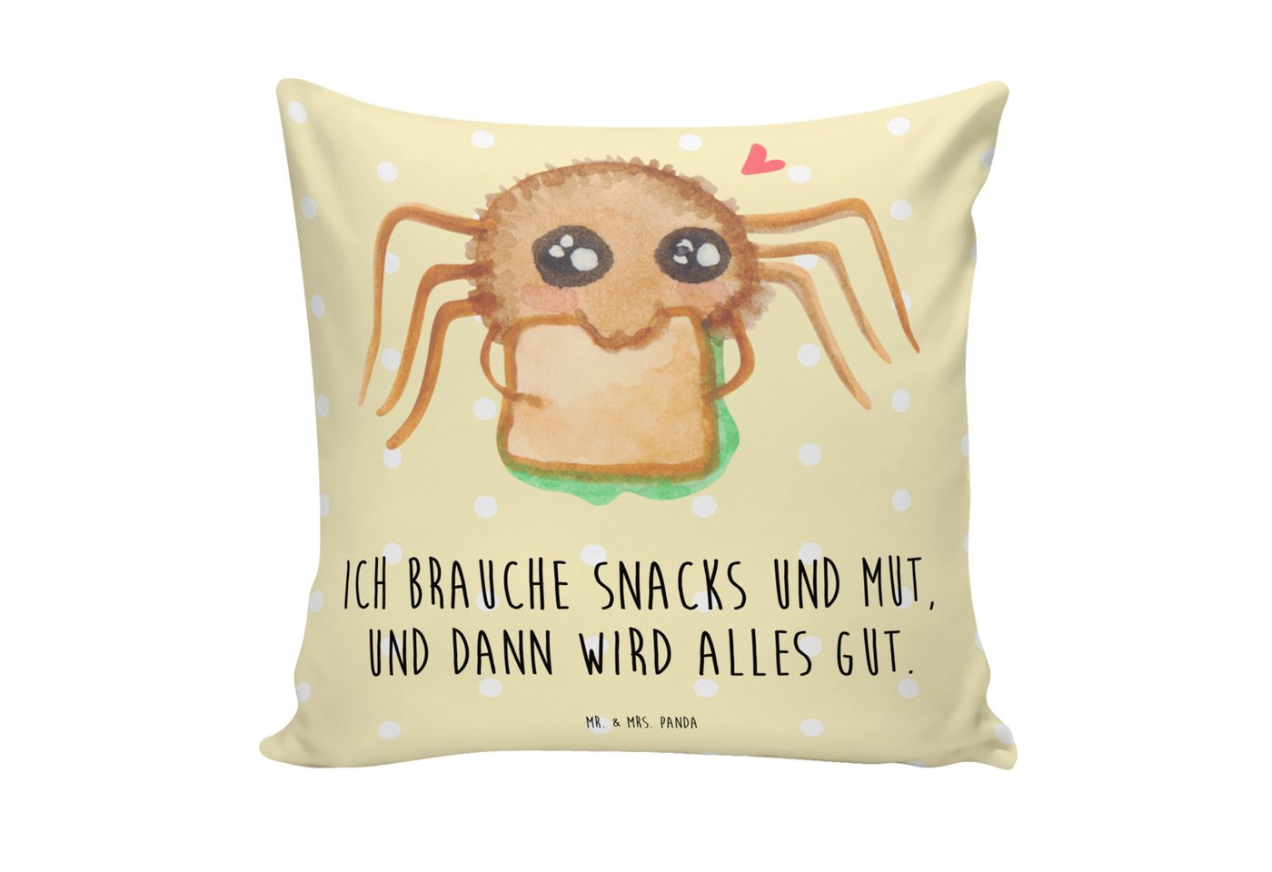 Mr. & Mrs. Panda Dekokissen Spinne Agathe Sandwich - Gelb Pastell - Geschenk, Glück, Verfressen, Herzerwärmendes Motiv von Mr. & Mrs. Panda