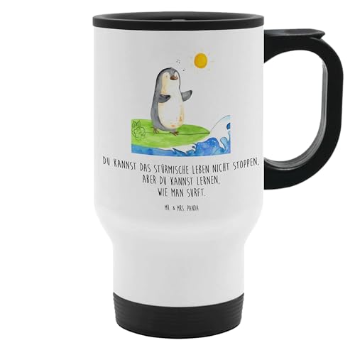 Mr. & Mrs. Panda Thermobecher Pinguin Surfer - Geschenk, Kaffeetasse zum Mitnehmen, Tasse zum Mitnehmen, Wellen reiten, Portugal, Tasse mit Deckel, von Mr. & Mrs. Panda