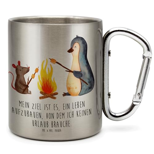 Mr. & Mrs. Panda Edelstahlbecher Pinguin Lagerfeuer - Geschenk, Tasse, Karabiner, Maus, Edelstahltasse, Arbeit, Neustart, Büroalltag, Camping von Mr. & Mrs. Panda