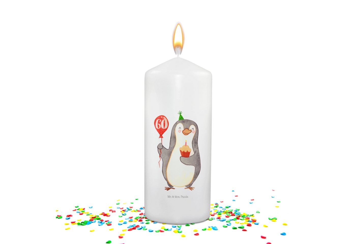 Mr. & Mrs. Panda Formkerze 60. Geburtstag Pinguin Luftballon - Weiß - Geschenk, Herzlichen Glück (1-tlg), Feierliches Design von Mr. & Mrs. Panda