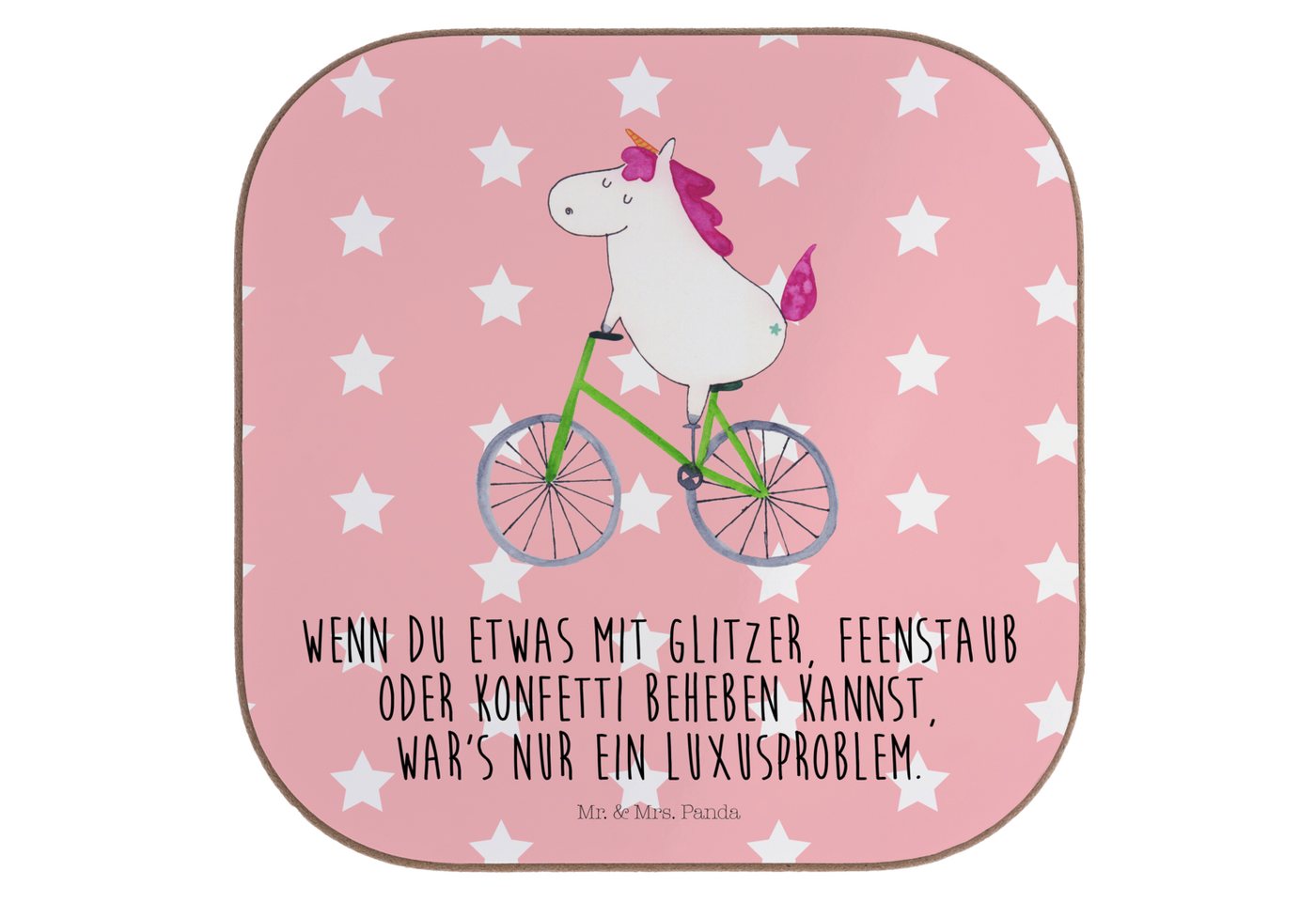 Mr. & Mrs. Panda Getränkeuntersetzer Einhorn Radfahrer - Rot Pastell - Geschenk, Bierdeckel, Luxusproblem, 1-tlg., Innovative Designs von Mr. & Mrs. Panda