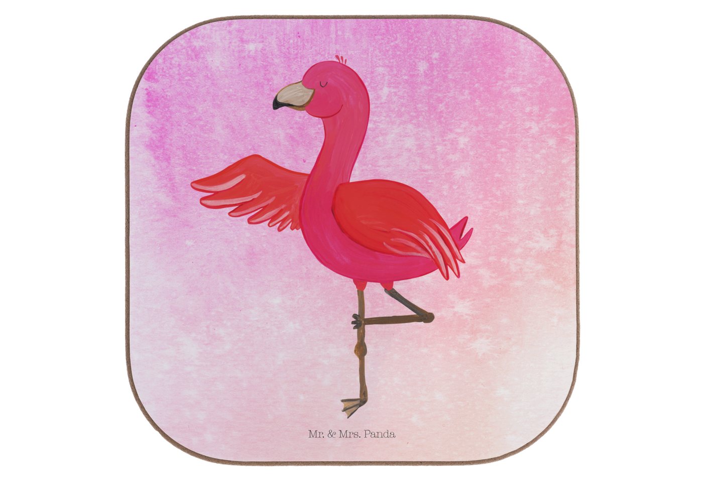 Mr. & Mrs. Panda Getränkeuntersetzer Flamingo Yoga - Aquarell Pink - Geschenk, Yoga-Übung, Glasuntersetzer, 1-tlg., Handgezeichnete Motive von Mr. & Mrs. Panda