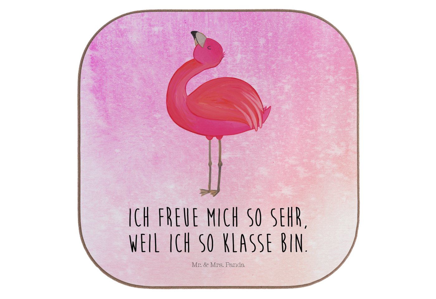 Mr. & Mrs. Panda Getränkeuntersetzer Flamingo Stolz - Aquarell Pink - Geschenk, Schwester, rosa, Bierdecke, 1-tlg., Innovative Designs von Mr. & Mrs. Panda