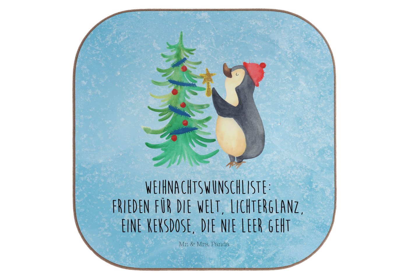 Mr. & Mrs. Panda Getränkeuntersetzer Pinguin Weihnachtsbaum - Eisblau - Geschenk, Bierdeckel, Winter, Weih, 1-tlg., Robustes Material von Mr. & Mrs. Panda