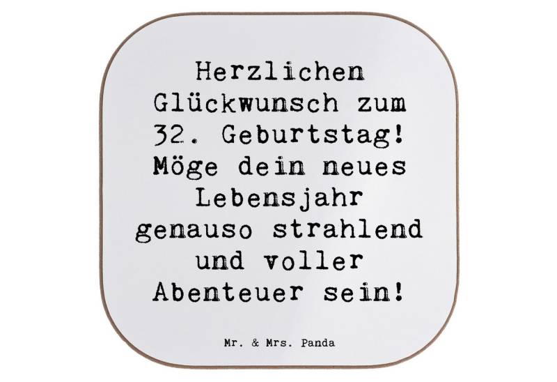 Mr. & Mrs. Panda Getränkeuntersetzer Spruch 32. Geburtstag Abenteuer - Weiß - Geschenk, Untersetzer Holz, 1-tlg., Handgezeichnete Motive von Mr. & Mrs. Panda