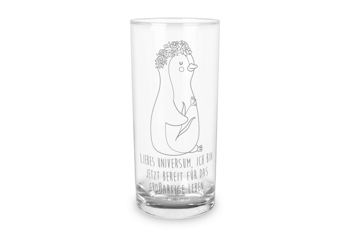 Mr. & Mrs. Panda Glas 400 ml Pinguin Blumen - Transparent - Geschenk, Wasserglas, Ziele, Bl, Premium Glas, Unikat durch Gravur von Mr. & Mrs. Panda