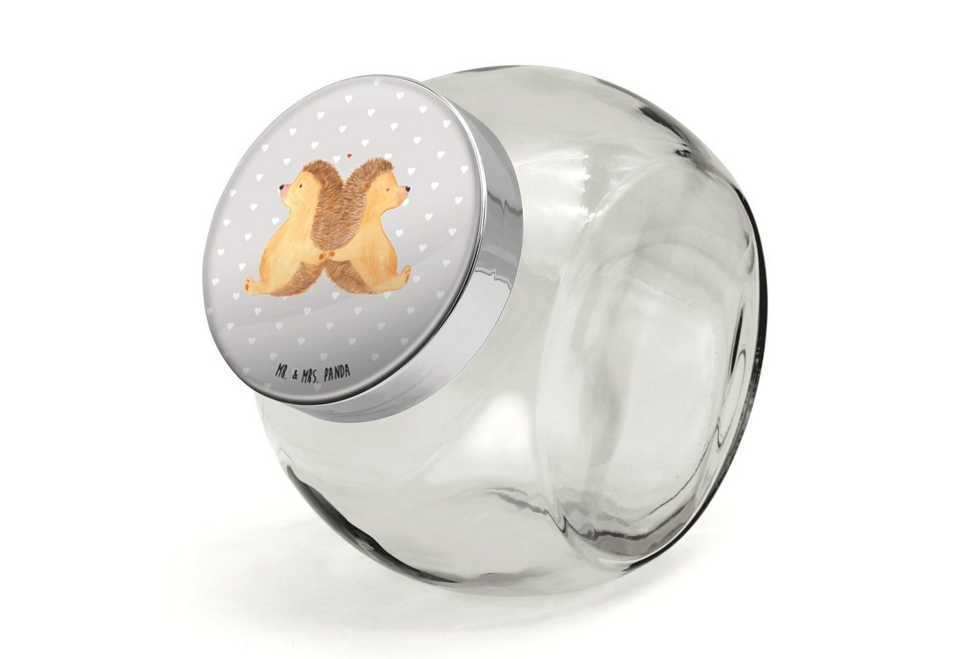 Mr. & Mrs. Panda Vorratsglas XL 2000ml Igel händchenhaltend - Grau Pastell - Geschenk, Freundin, J, Premium Glas, (1-tlg), Mit Motiv von Mr. & Mrs. Panda