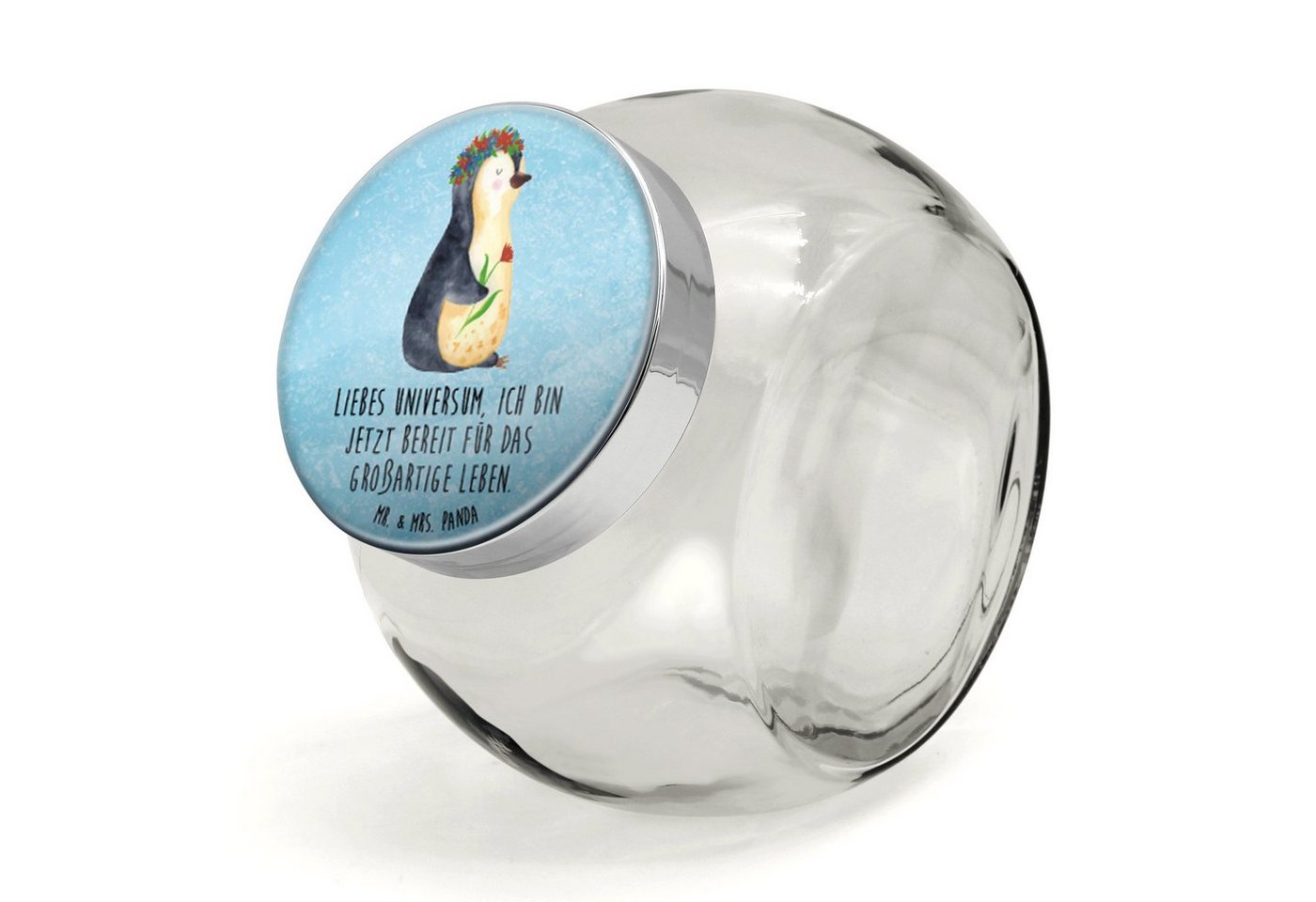 Mr. & Mrs. Panda Vorratsglas XL 2000ml Pinguin Blumen - Eisblau - Geschenk, Lebenslust, Ziele, Auf, Premium Glas, (1-tlg), Mit Motiv von Mr. & Mrs. Panda