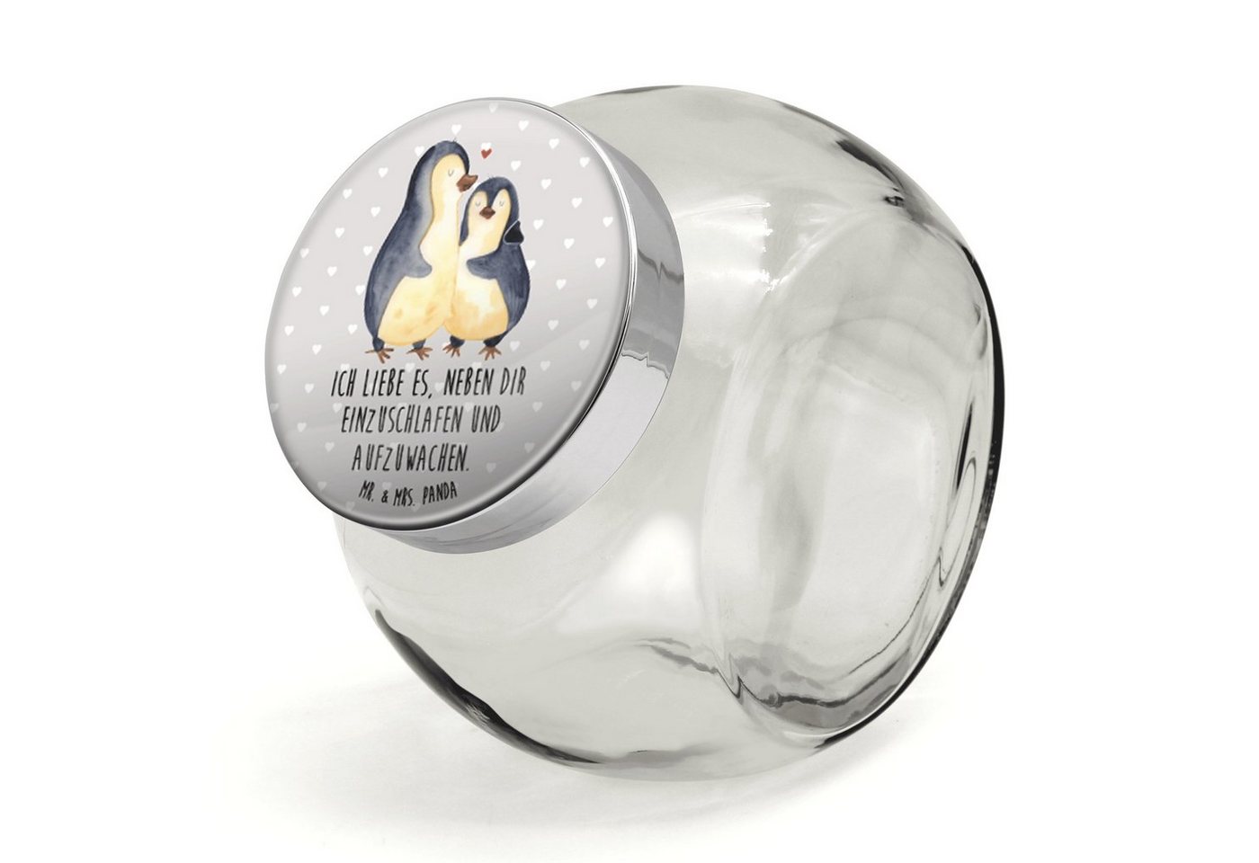Mr. & Mrs. Panda Vorratsglas XL 2000ml Pinguine Einschlafen - Grau Pastell - Geschenk, Snackdose, Premium Glas, (1-tlg), Stilvoll & Praktisch von Mr. & Mrs. Panda