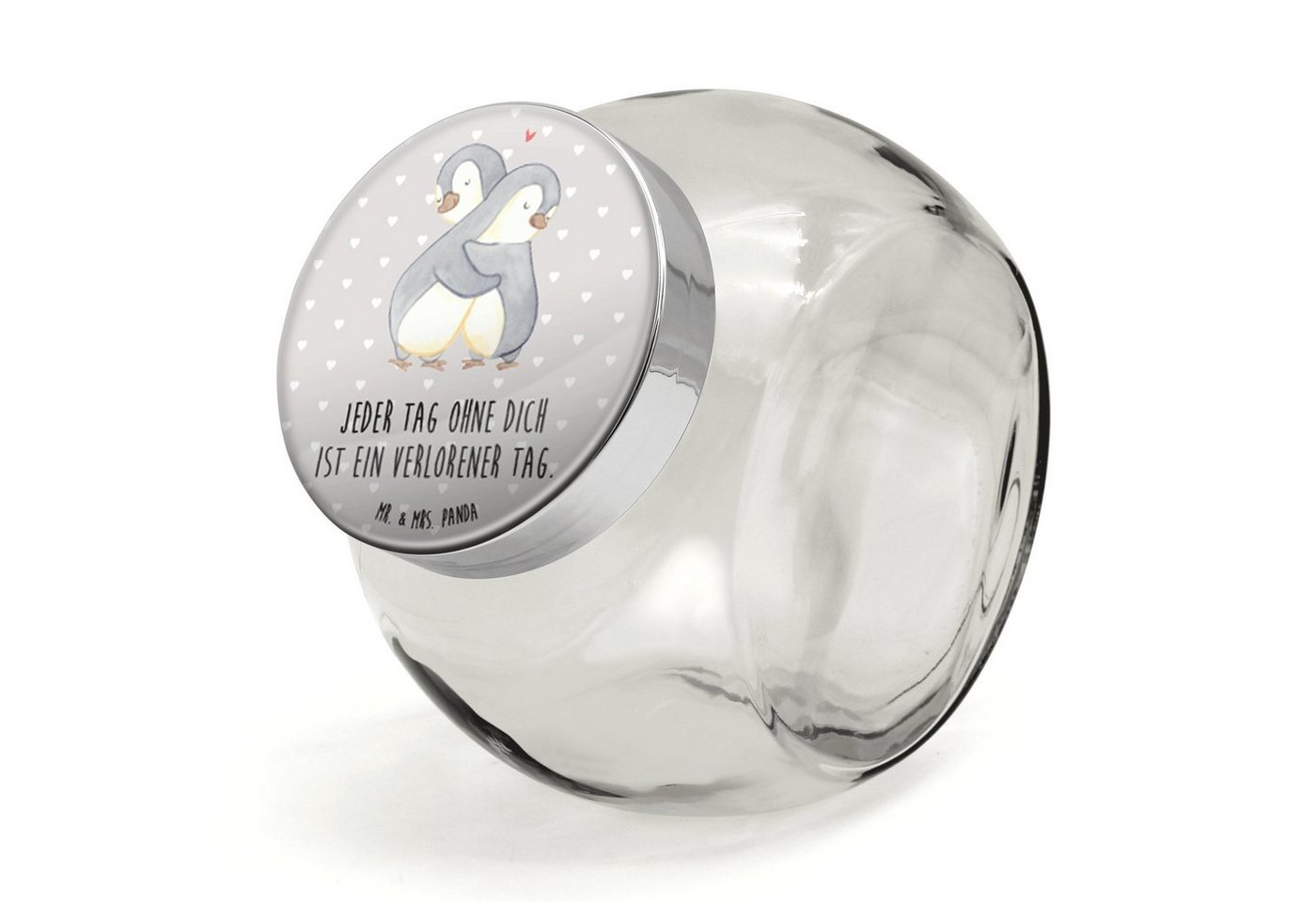 Mr. & Mrs. Panda Vorratsglas XL 2000ml Pinguine Kuscheln - Grau Pastell - Geschenk, für Ehemann, M, Premium Glas, (1-tlg), Vielseitig einsetzbar von Mr. & Mrs. Panda