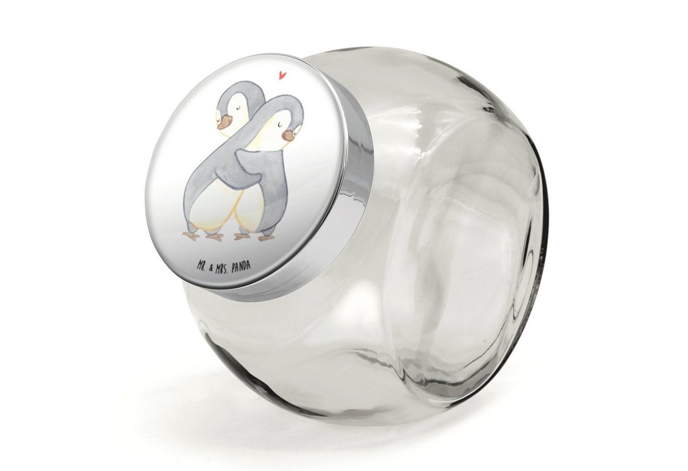 Mr. & Mrs. Panda Vorratsglas XL 2000ml Pinguine Kuscheln - Weiß - Geschenk, Keksbehälter, Müslidos, Premium Glas, (1-tlg), Hochwertiger Druck von Mr. & Mrs. Panda