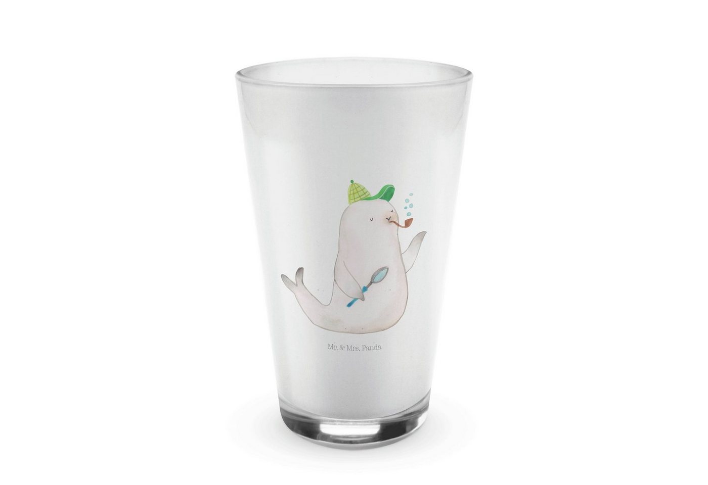 Mr. & Mrs. Panda Glas Robbe Sherlock - Transparent - Geschenk, Cappuccino Tasse, Glas, lust, Premium Glas, Design mit Herz von Mr. & Mrs. Panda