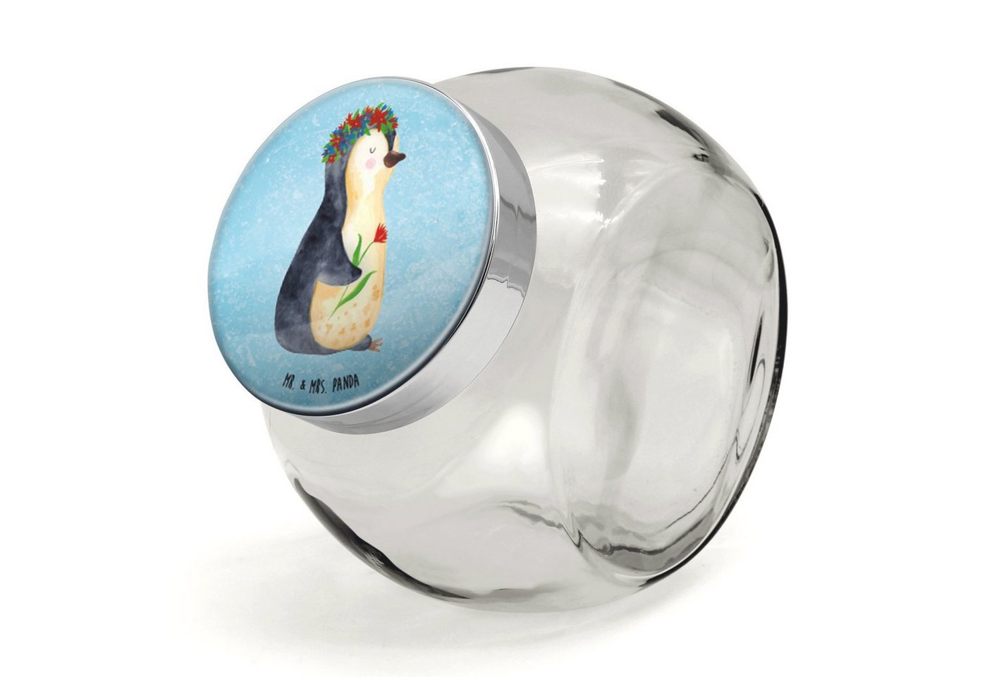 Mr. & Mrs. Panda Vorratsglas L 870ml Pinguin Blumen - Eisblau - Geschenk, Süßigkeitendose, Blumenk, Premium Glas, (1-tlg), Vielseitig einsetzbar von Mr. & Mrs. Panda
