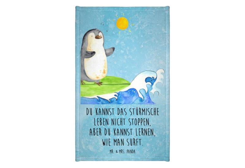 Mr. & Mrs. Panda Handtuch Pinguin Surfer - Eisblau - Geschenk, Gästehandtuch Weich, surfen, opt, Kunstfaser (Packung, 1-St), Elegantes Design von Mr. & Mrs. Panda
