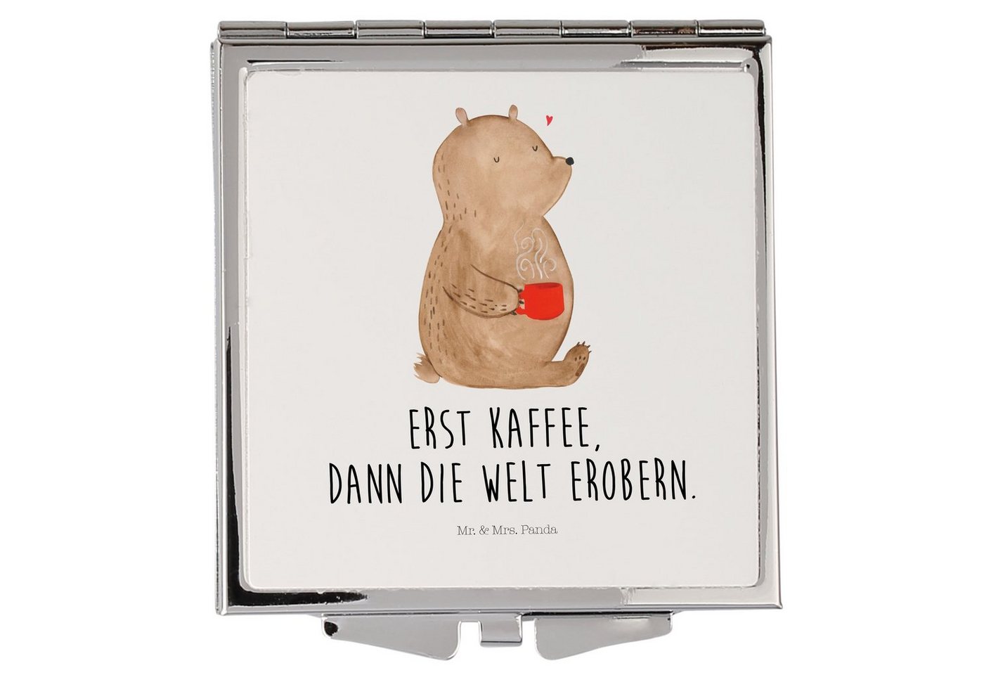 Mr. & Mrs. Panda Kosmetikspiegel Bär Kaffee - Weiß - Geschenk, schminken, Welt retten, silber, Teddy, (1-St), Magisch verziert von Mr. & Mrs. Panda