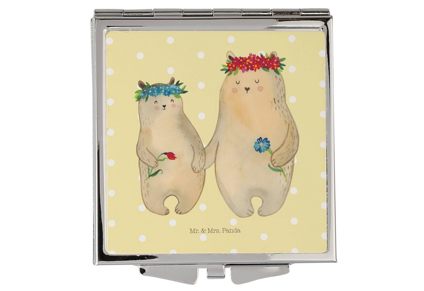 Mr. & Mrs. Panda Kosmetikspiegel Bären mit Blumenkranz - Gelb Pastell - Geschenk, Schminkspiegel, Toch (1-St), Magisch verziert von Mr. & Mrs. Panda