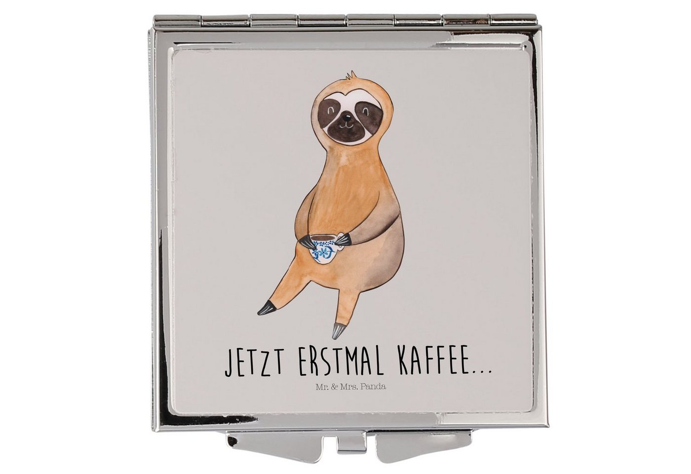 Mr. & Mrs. Panda Kosmetikspiegel Faultier Kaffee - Grau Pastell - Geschenk, silber, Faultier Deko, Sch (1-St), Magisch verziert von Mr. & Mrs. Panda