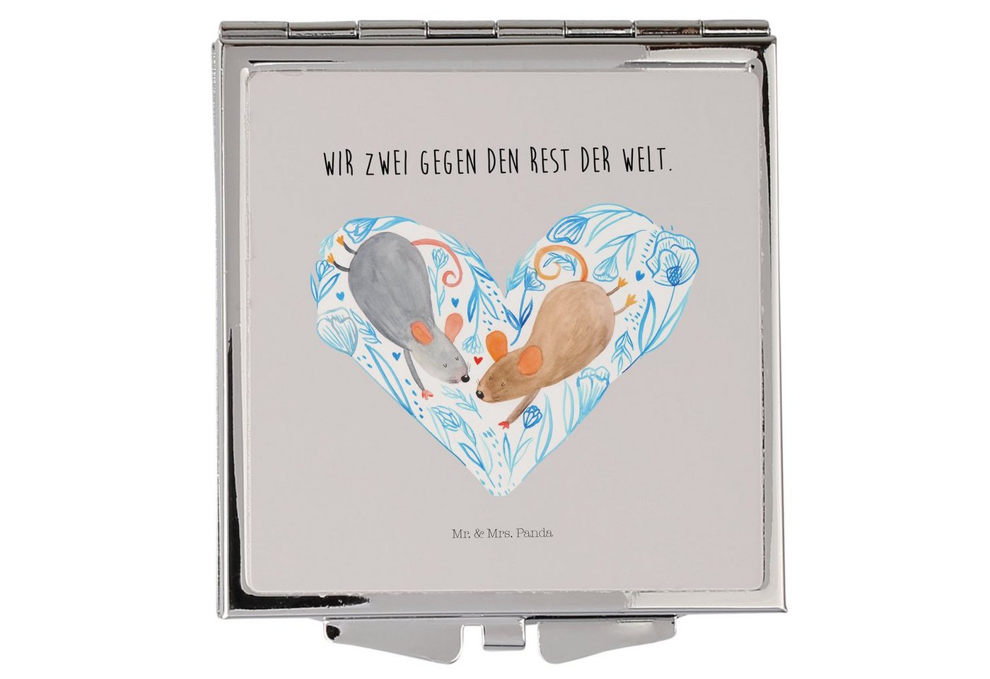 Mr. & Mrs. Panda Kosmetikspiegel Mäuse Herz - Grau Pastell - Geschenk, schminken, Liebe, Spiegel, verh (1-St), Magisch verziert von Mr. & Mrs. Panda