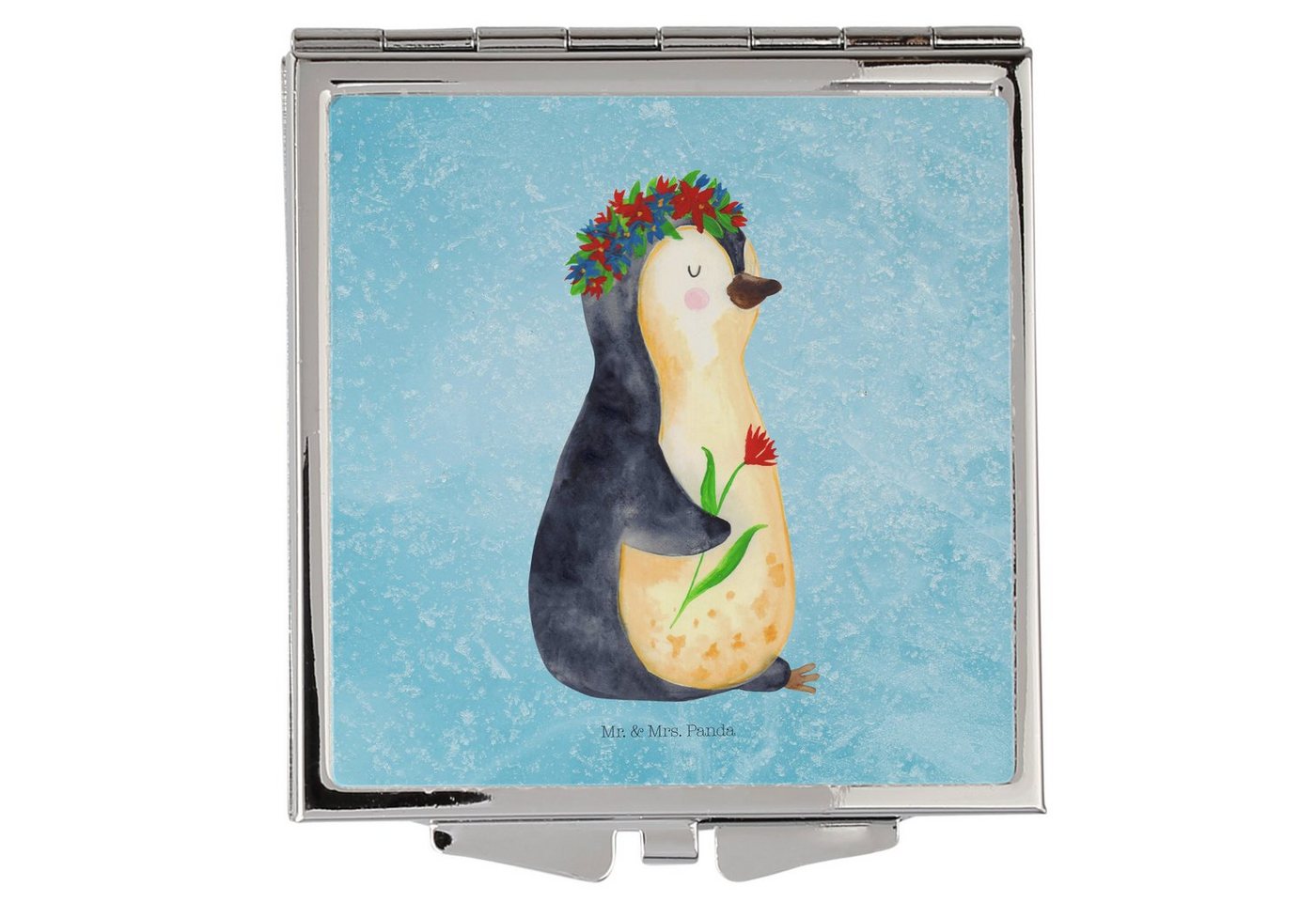 Mr. & Mrs. Panda Kosmetikspiegel Pinguin Blumen - Eisblau - Geschenk, Liebeskummer, Motivation, Blumen (1-St), Unwiderstehlicher Glanz von Mr. & Mrs. Panda