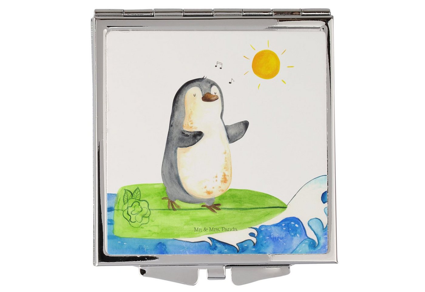 Mr. & Mrs. Panda Kosmetikspiegel Pinguin Surfer - Weiß - Geschenk, Schminkspiegel, Quadrat, Wellen, Po (1-St), Unwiderstehlicher Glanz von Mr. & Mrs. Panda