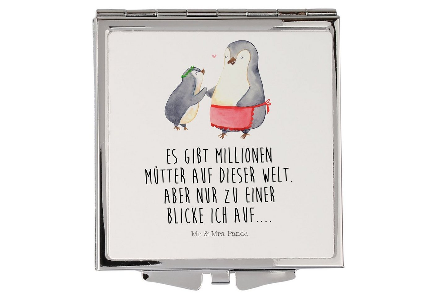 Mr. & Mrs. Panda Kosmetikspiegel Pinguin mit Kind - Weiß - Geschenk, silber, Spiegel, Vatertag, Handta (1-St), Passt in jede Tasche von Mr. & Mrs. Panda