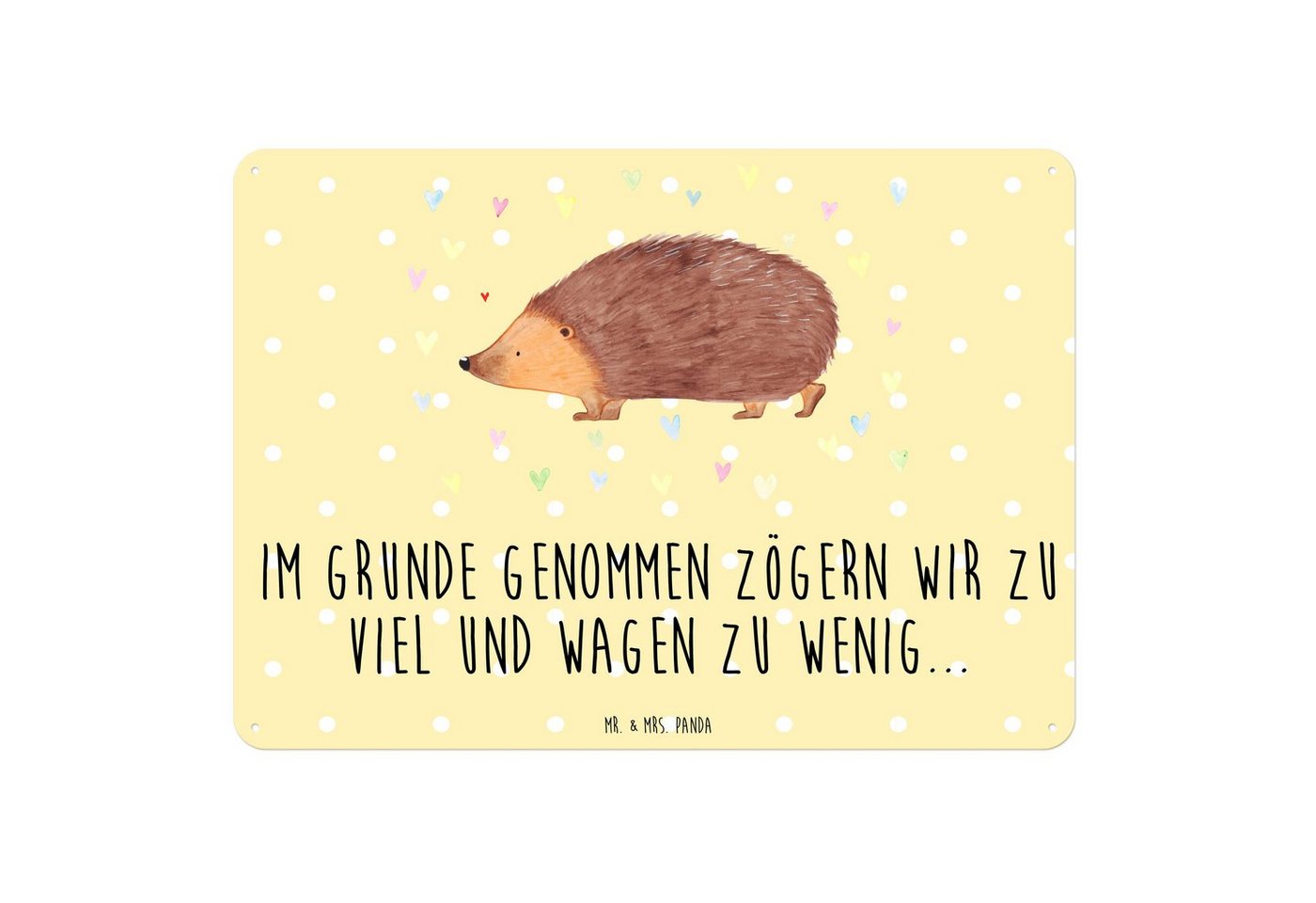 Mr. & Mrs. Panda Metallschild DIN A6 Igel Herzen - Gelb Pastell - Geschenk, Gute Laune, Magnet-Meta, (1 St) von Mr. & Mrs. Panda