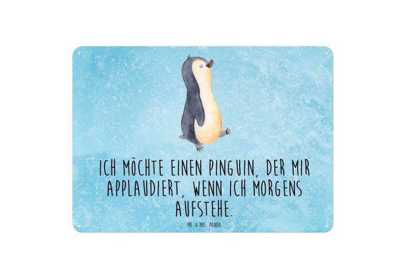 Mr. & Mrs. Panda Metallschild Pinguin marschieren DIN A6 - Eisblau - Geschenk, Frühaufsteher, Blech, (Packung, 1 St., Blechschild Pinguin marschierend), Edelstahlblech von Mr. & Mrs. Panda