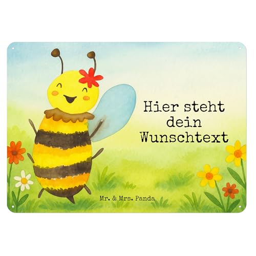 Mr. & Mrs. Panda Personalisiertes Blechschild Biene Happy Design DIN A5 - Weiß von Mr. & Mrs. Panda