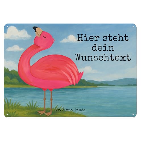Mr. & Mrs. Panda Personalisiertes Blechschild Flamingo Stolz Design DIN A4 - Weiß von Mr. & Mrs. Panda