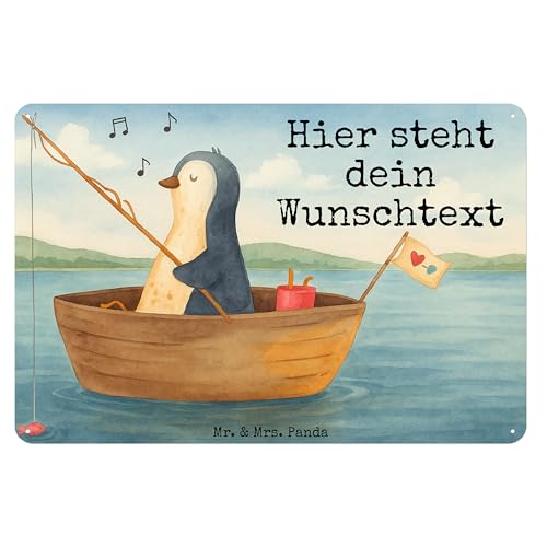 Mr. & Mrs. Panda Personalisiertes Blechschild Pinguin Angelboot Design DIN A3 - Weiß von Mr. & Mrs. Panda