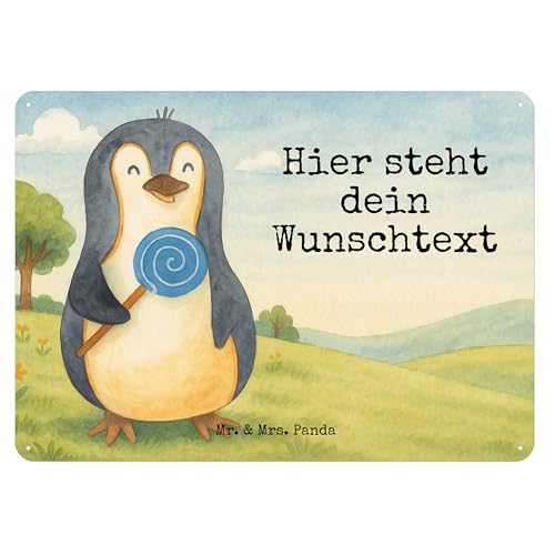 Mr. & Mrs. Panda Personalisiertes Blechschild Pinguin Lolli Design DIN A5 - Weiß von Mr. & Mrs. Panda