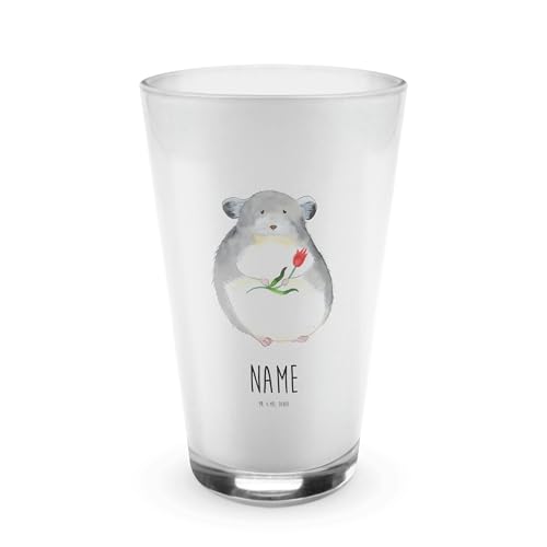 Mr. & Mrs. Panda Personalisiertes Glas Chinchilla mit Blume - Personalisierte Geschenke, Gute Laune, Name, Bedrucken, Glas personalisiert, Tiere, von Mr. & Mrs. Panda
