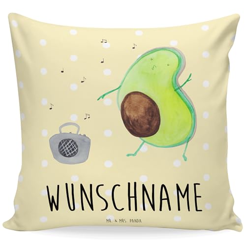 Mr. & Mrs. Panda Personalisiertes Kissen Avocado Tanzen - Personalisierte Geschenke, Bedrucken, Vegan, Musik, Kopfkissen, Feier, Singen, Veggie, von Mr. & Mrs. Panda