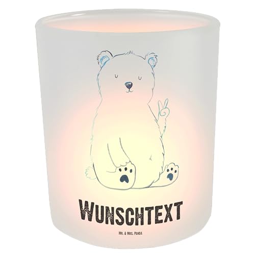 Mr. & Mrs. Panda Personalisiertes Windlicht Eisbär Faul - Personalisierte Geschenke, Teelichtglas mit Namen, Entspannen, Bedrucken, Wunschtext, von Mr. & Mrs. Panda