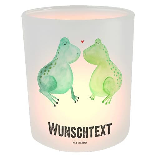Mr. & Mrs. Panda Personalisiertes Windlicht Frosch Liebe - Personalisierte Geschenke, küssen, Hochzeitstag, Pärchen, Personalisiertes Windlicht Glas, von Mr. & Mrs. Panda