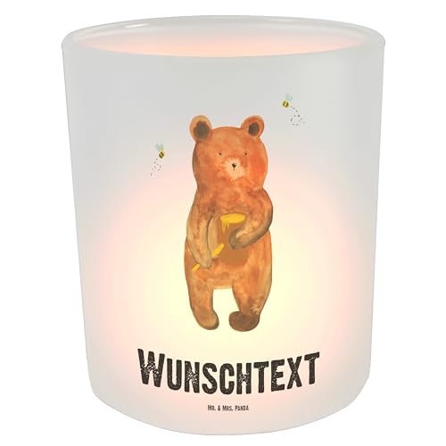 Mr. & Mrs. Panda Personalisiertes Windlicht Bär Honig - Personalisierte Geschenke, selbst gestalten, Partner, Honigbär, Teddybär, Kerze mit Namen, von Mr. & Mrs. Panda