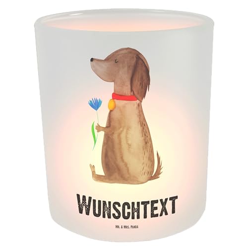 Mr. & Mrs. Panda Personalisiertes Windlicht Hund Blume - Personalisierte Geschenke, Hundebesitzer, Teelichthalter mit Namen, Sprüche, Wunschtext, von Mr. & Mrs. Panda