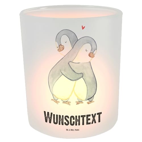 Mr. & Mrs. Panda Personalisiertes Windlicht Pinguine Kuscheln - Personalisierte Geschenke, Teelichtglas mit Namen, Ehemann, Wunschtext, von Mr. & Mrs. Panda